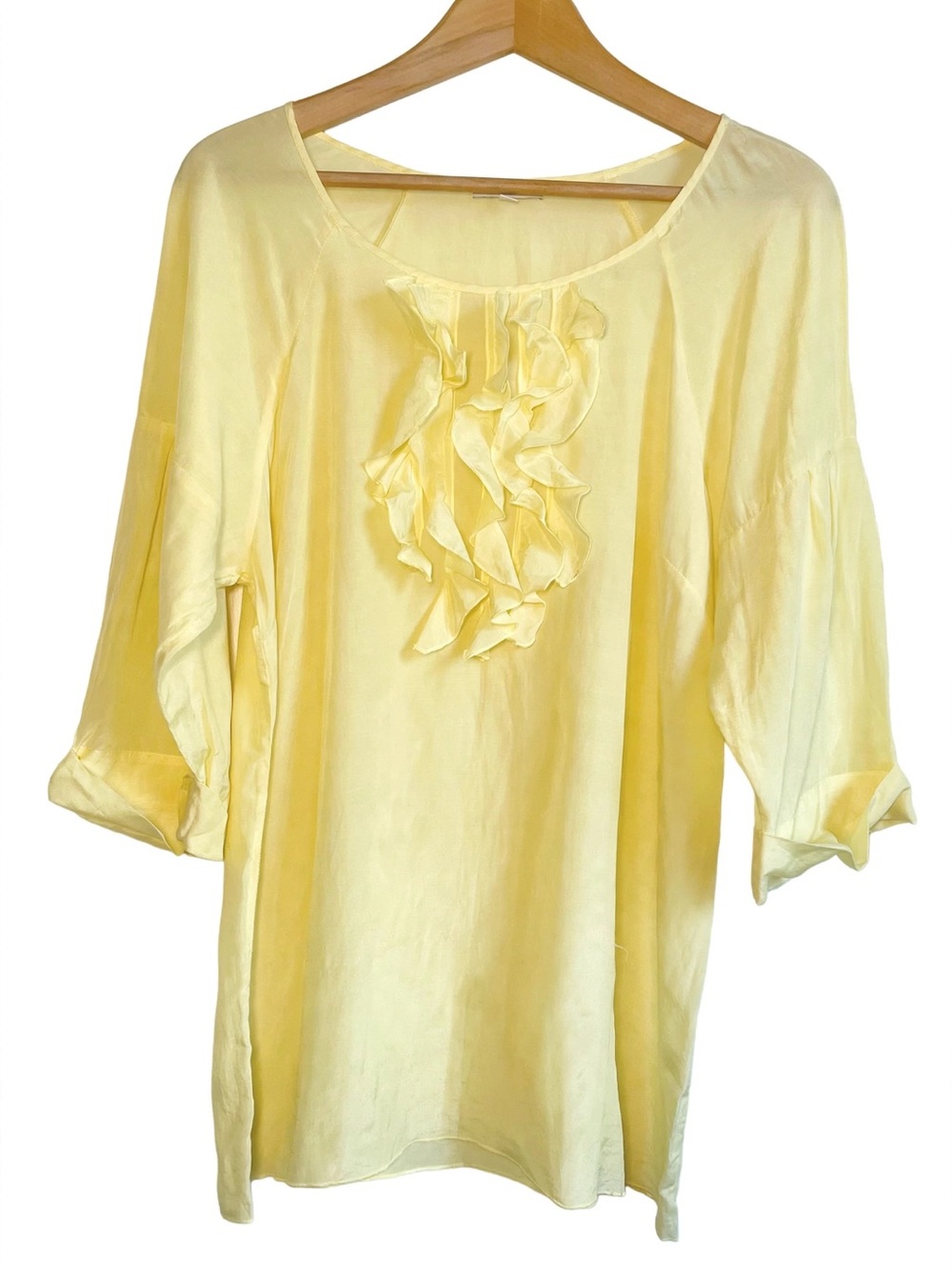 Gap Butter Yellow Silk Cotton Ruffle Blouse Large Sheer 3/4 Sleeve Top